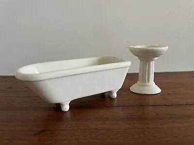 Vintage Pedestal Sink Bathtub White Doll House Mini Miniature Furniture Bathroom • $18