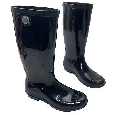 Women’s Ugg Boots Shaye Black Glossy Finish Tall Rubber Rainboots Size 7 • $50.96