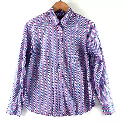 J Crew Popover Top Shirt Women's Size Medium Blue Pink Chevron Print Long Sleeve • $8.49