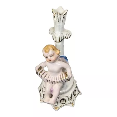 Vintage Porcelain Cherub Figurine Playing Accordion CandleHolder Bud Vase 3.5 In • $14.99