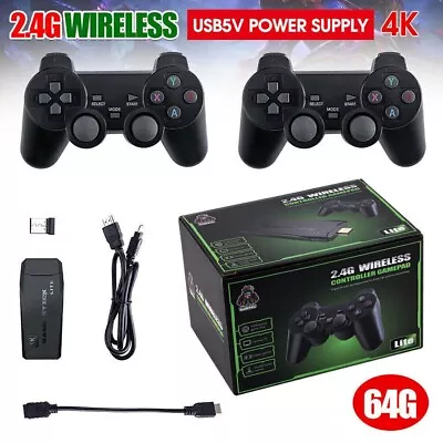 Wireless HDMI 4K TV Game Stick Console Built In 64GB 20000 Retro Games 2 Gamepad • £16.99