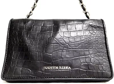 Judith Ripka Hudson Croco Embossed Classic Black Leather Heavy Chain Strap Euc • $32