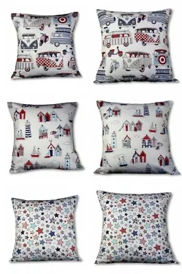 Handmade Cushion Cover In Campervan Beach Huts Stars Red White Blue 17 Sq 14 Sq • £7.45