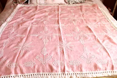 Vintage Shabby Cottage Chic Pink Cotton Tablecloth Embroidered Designs 48 X 48 • $19