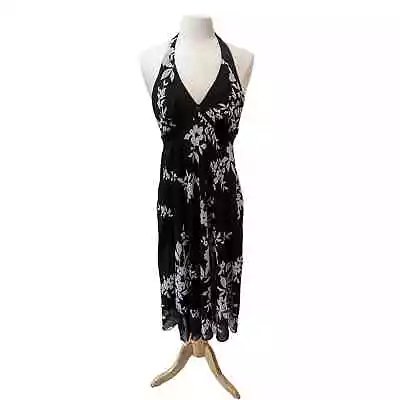 Vintage Y2K Halter Dress Fits S Tag M Tie Back Floral Black White Chiffon  • $9.95