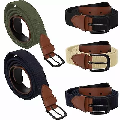 £3.49 • Buy Mens Ladies Elasticated Webbing Belts PU Leather Trim Stretch Canvas Buckle Belt