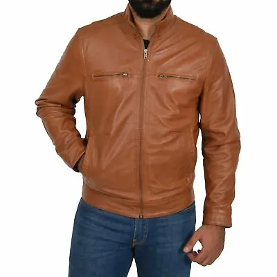 URBAN Men's Lambskin Leather Handmade Classic Jacket Motorcycle Biker Tan Coat • $131.12