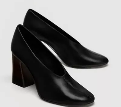 $44.95 • Buy Zara V Vamp Seam Black Leather Block Heels Shoes Size 39 EU Size 8 US