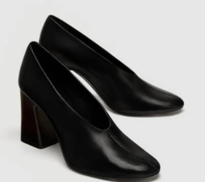 Zara V Vamp Seam Black Leather Block Heels Shoes Size 39 EU Size 8 US • £43.34