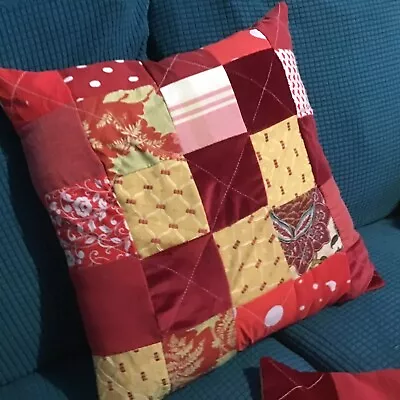 Handmade 16 Inch Button Back Cushion Cover - Patchwork Reds • £5.50