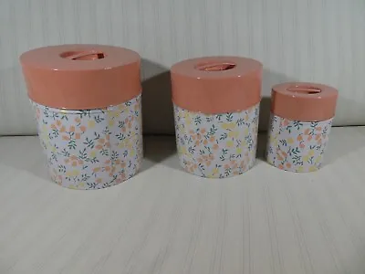 Vintage Set 3 Canisters Retro MCM Nesting Metal Tin Flowers Pink Peach Japan﻿ T2 • $27.99