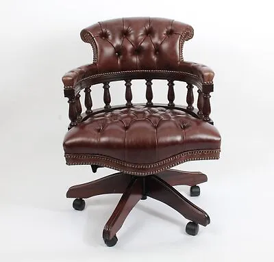 Bespoke English Hand Made Leather Captains Desk Chair Dark Brown Colour • £1695