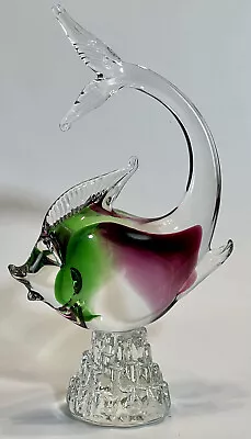 12” Murano Hand Blown Art Glass Tropical Fish Green Purple Wave Pedestal • $59.50