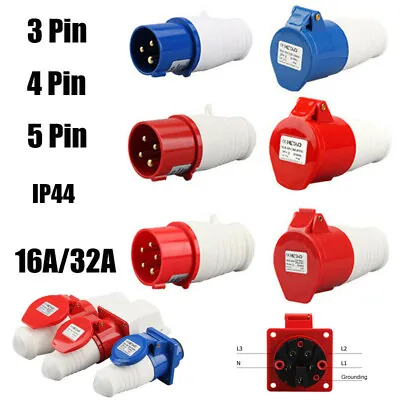 16A32A 3/4/5 Pins IP44 Industrial Plugs & Sockets Connectors 3 PHASE GD • £5.78