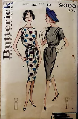 1960's Vtg Butterick #9003 Misses' Soft Shoulder Sheath Dress Belt Sz 12 Bust 32 • $6.95