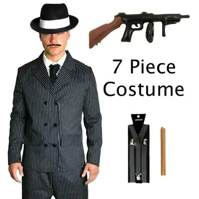 Men's Gangster 7 Piece Costume Pinstripe Suit 1920's Fancy Dress Mafia Mobster • £24.99