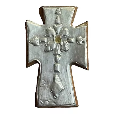 Silver Tin Milagros Wood Cross Handmade Mexican Folk Art Tijuana Crucifix 4” H • $38.24