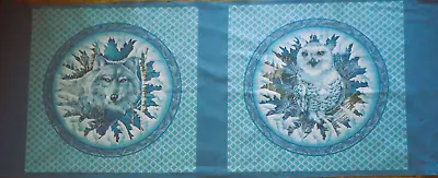 Cotton Fabric Panel 2 Pillow Fronts Wolf & Owl In Winter Scene On Teal/Blue Vtg • $6.99