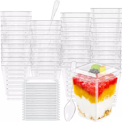 50 Pack 5oz Plastic Dessert Cups With Lids And Spoons For Fruit Pudding Parfait • $30.04