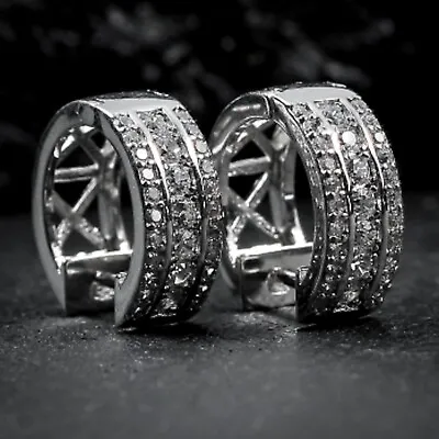 White Gold Men's Elegant Iced Cz Sterling Silver Hip Hop Huggie Hoop Earrings • $16.99