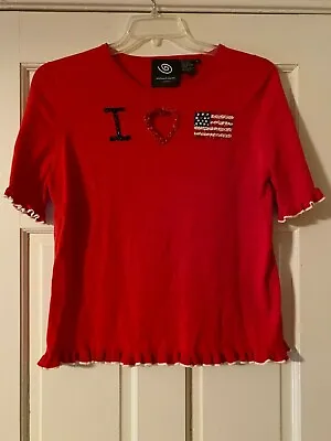 MICHAEL SIMON EVENT Top Size XL Patriotic US Beaded Flag Cutout Heart July 4th • $24.99