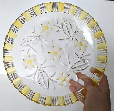 Walther Crystal Round Plate Platter Server Yellow Flowers 12  Vintage 1970's • £9.99