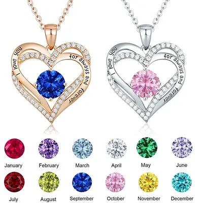 Womens Chain I Love You Heart Birthstone Necklace Ladies Jewelry Valentine Gift • £3.98