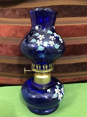 Vintage Hand Painted Blue Satin Glass Oil Lamp . • $30