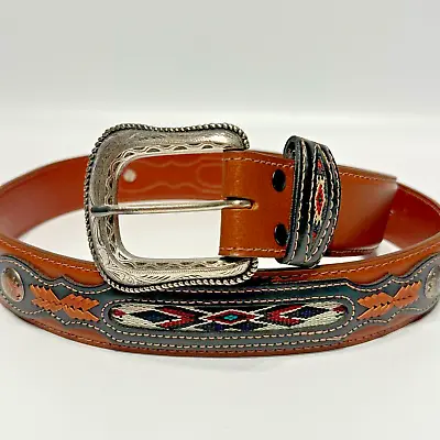 VTG Wrangler Belt Western Hand Tooled Leather Silver Concho Mexico Made Men's 36 • $37.98