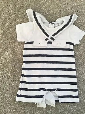 Baby Boys Zip Zap White/Navy Striped Cotton Sailor Style All In One - Size 3 Mos • £6