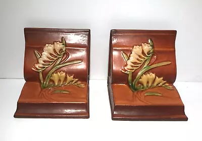 Roseville Brown Freesia Book Ends #15 Circa 1945 • $77