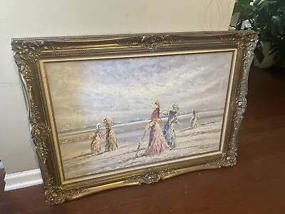 Marie Charlot Elegant Beach Walkers Oil On Canvas Painting Signed 43” X 32” • $500