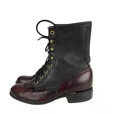 VTG Laredo Two Tone Leather Lace Up Roper Boots Sz 6.5 Womens Black Maroon • $71.19
