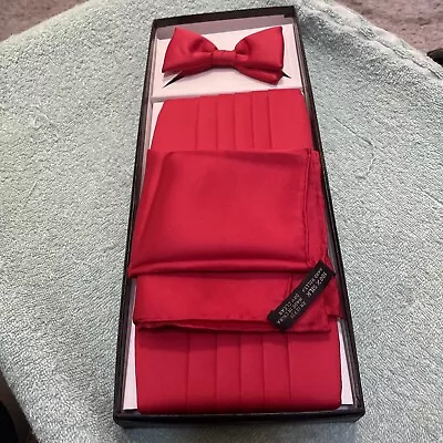 Desmond’s Red 100% Silk Bow Tie Cummerbund Handkerchief Set Vintage New In Box • $21.20