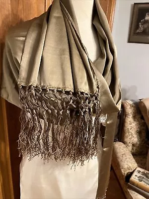 Vintage Dark Beige Silk? Satin Evening Shawl Rectangular W Long Fringe 18.5x80  • $11.99
