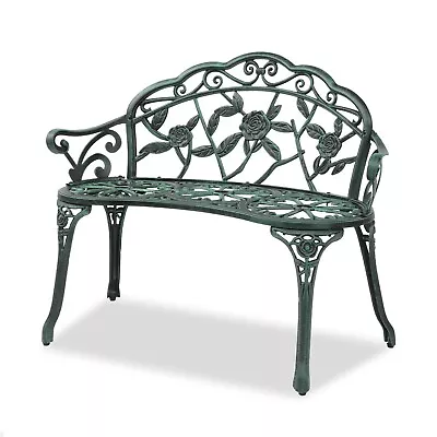 Outdoor Patio Garden Bench Lawn Park Furniture Cast Aluminum Seat W/Antique Rose • $132.99