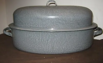 VTG ANTIQUE GRAY ENAMELWARE COWBOY GRANITEWARE BROILER ROASTER   Farmhouse • $29.25