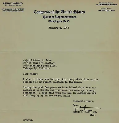  Illinois Congressman  Peter F. Mack Jr Signed TLS Dated 1953 JG Autographs COA • $99.99