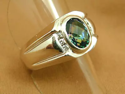 Bezel Set Cushion Cut MYSTIC TOPAZ And DIAMOND Men's Ring 14K WG Heavy - Size 8 • $799