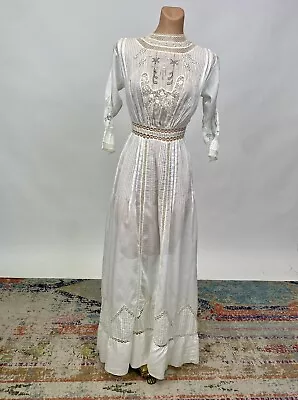 Antique Edwardian White Cotton Summer Dress W/ Floral Embroidery & Crochet Lace • $225