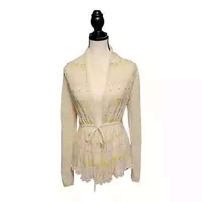 Anthrolopogie Moth Crochet Beaded Long Sleeve Cardigan Tie Front White Size XS • $30.98