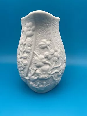 Bisque Porcelain Bud Vase W/ 3D Flowers Vintage Mid-Century Modern Oval 5  H • $15
