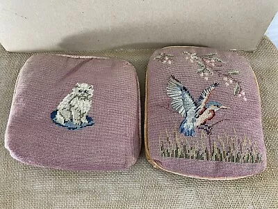 Lot Of 2 Handmade Small Antique Needlepoint Embroidered Cat Bird Pillows • £96.38