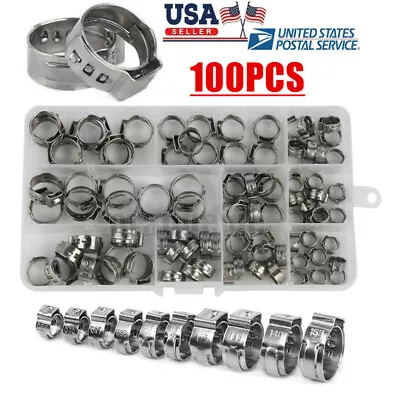 100pcs Assorted Hose Clamps Stainless Steel Ear Cinch Rings Crimp Pinch Kit • $16.92