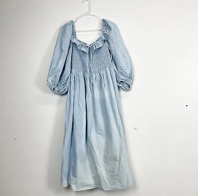 Eloquii Elements Dress Womens Size 16 Blue Chambray Smocked Puff Sleeve Cotton • $29.33