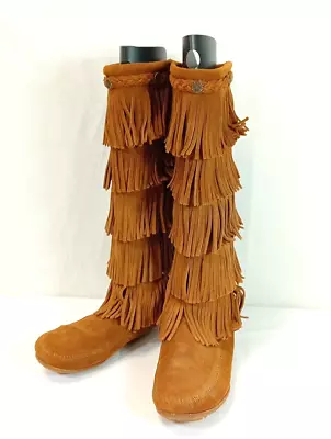 MINNETONKA Ladies Size 6 Brown Suede Festival FRINGE MOCCASIN Flat BOOTS • £9.99