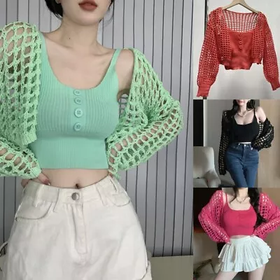 Korean Elegant Sweater For Women Hollow Crop Cardigan Button Front Knit Camisole • $19.18