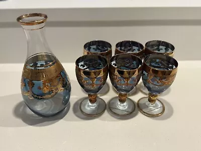Hard To Find 6 Venetian Murano Wine Glasses Gold Swags And Wine Decanter. Rare • $250