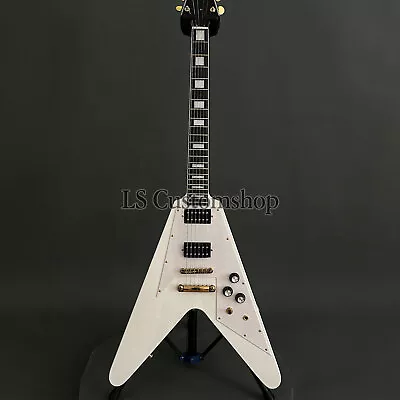 Custom White Flying V Electric Guitar 22 Fret Gold Part Solid Mahogany Fast Ship • $126