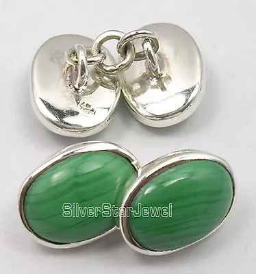 Back To School Ads 925 Silver Genuine GREEN MALACHITE Cufflinks 0.6  NEW • $17.99